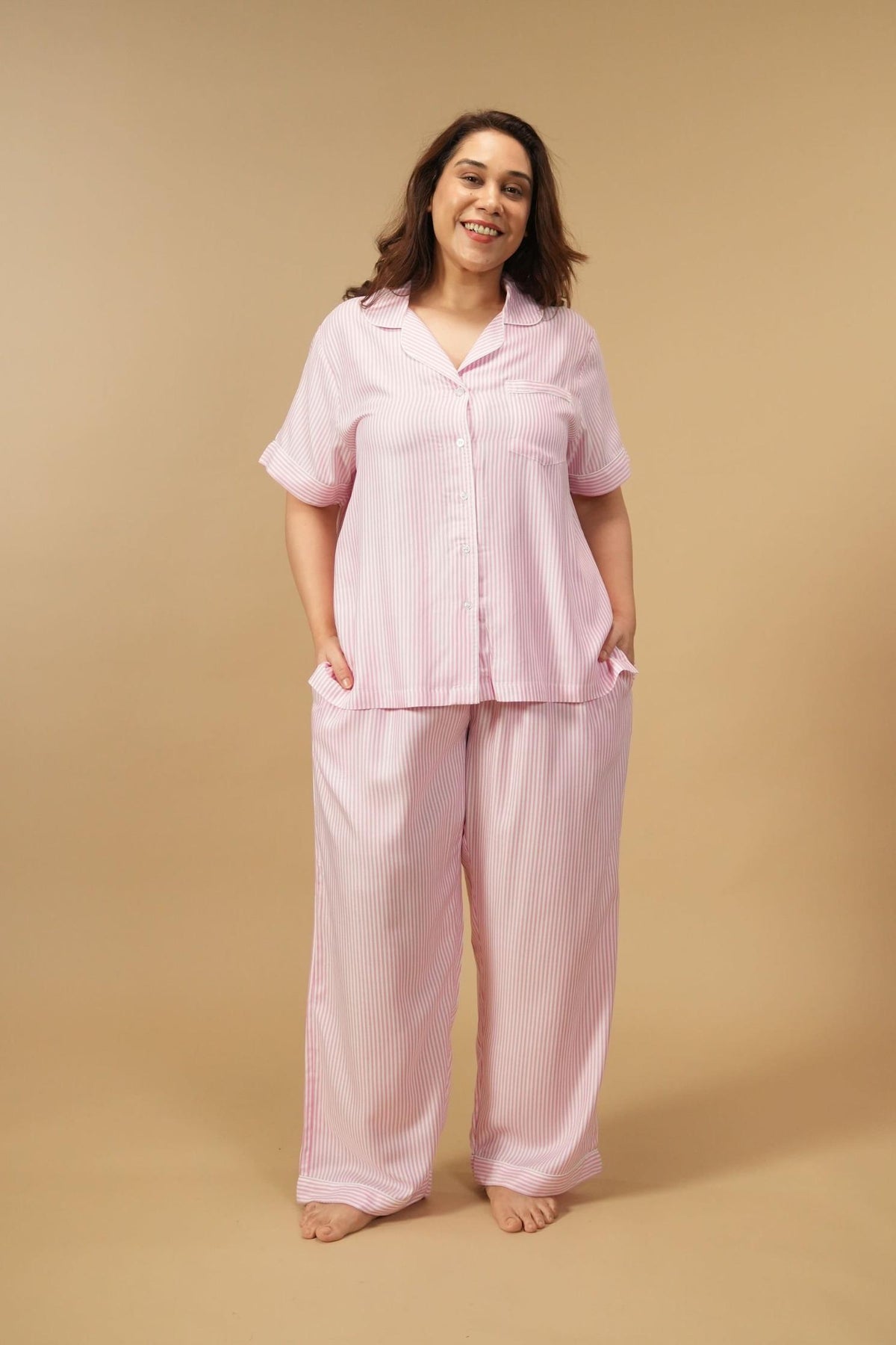Pink and White Pinstripe Cotton Women's Curve Pajama Set - Half Sleeves