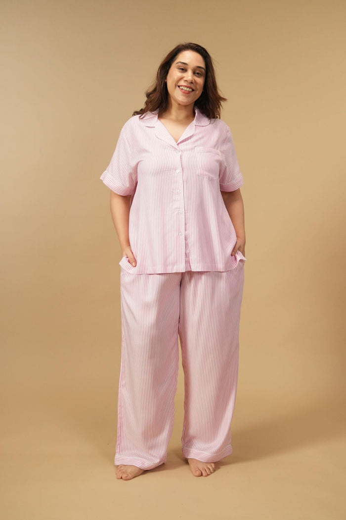 Pink and White Pinstripe Cotton Women's Curve Pajama Set - Half Sleeves