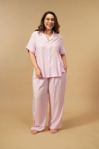 Pink and White Pinstripe Cotton Women's Curve Pajama Set - Half Sleeves