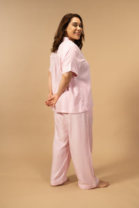 Pink and White Pinstripe Cotton Women's Curve Pajama Set - Half Sleeves