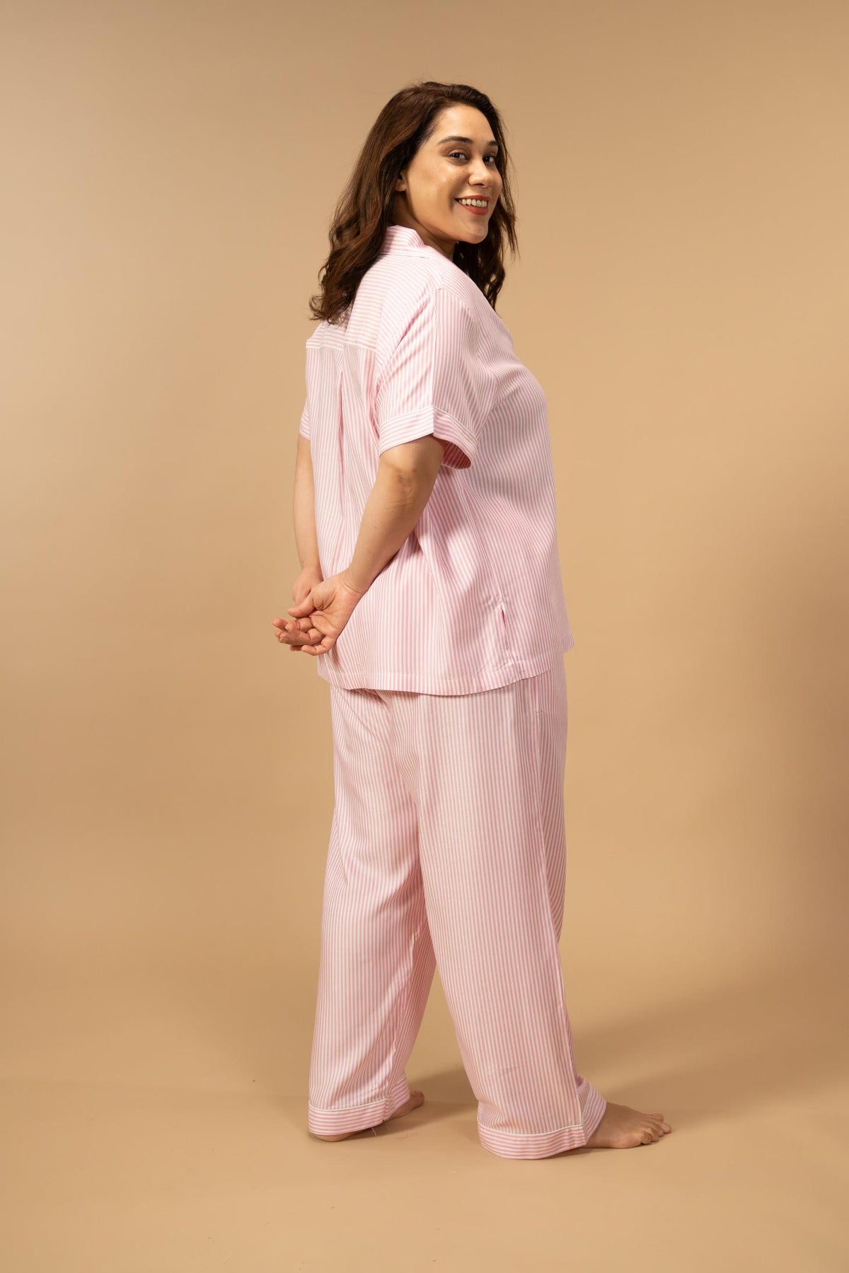 Pink and White Pinstripe Cotton Women's Curve Pajama Set - Half Sleeves