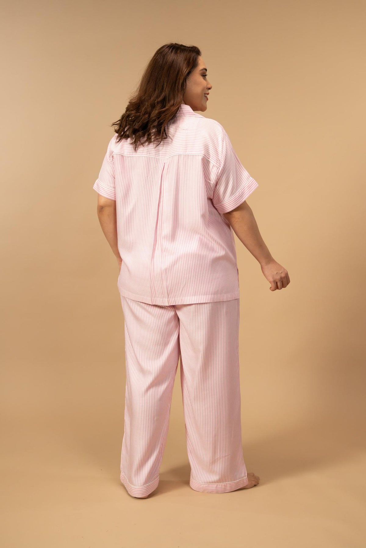 Pink and White Pinstripe Cotton Women's Curve Pajama Set - Half Sleeves