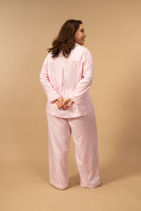 Pink and White Pinstripe Cotton Women's Curve Pajama Set - Full Sleeves
