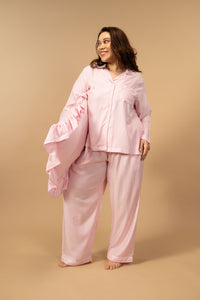 Pink and White Pinstripe Cotton Women's Curve Pajama Set - Full Sleeves