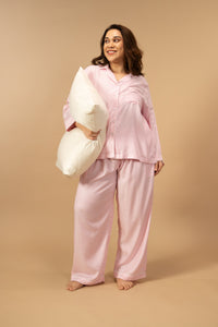 Pink and White Pinstripe Cotton Women's Curve Pajama Set - Full Sleeves