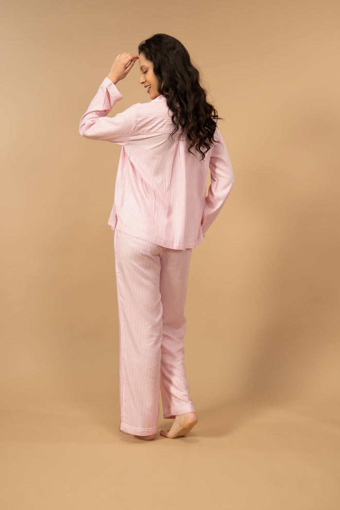 Pink and White Pinstripe Cotton Women's Pajama Set - Full Sleeves