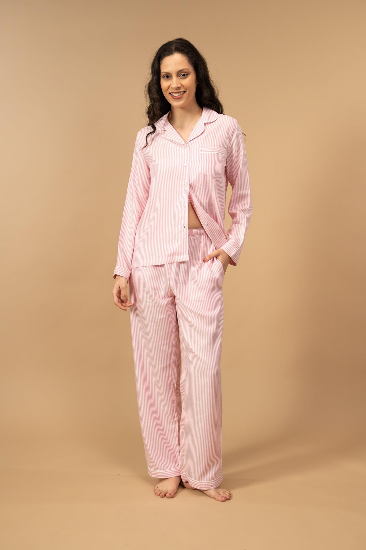 Pink and White Pinstripe Cotton Women's Pajama Set - Full Sleeves