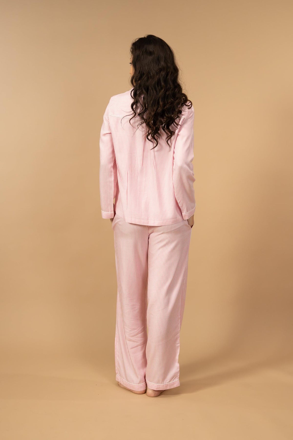 Pink and White Pinstripe Cotton Women's Pajama Set - Full Sleeves