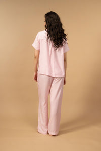 Pink and White Pinstripe Cotton Women's Pajama Set - Half Sleeves