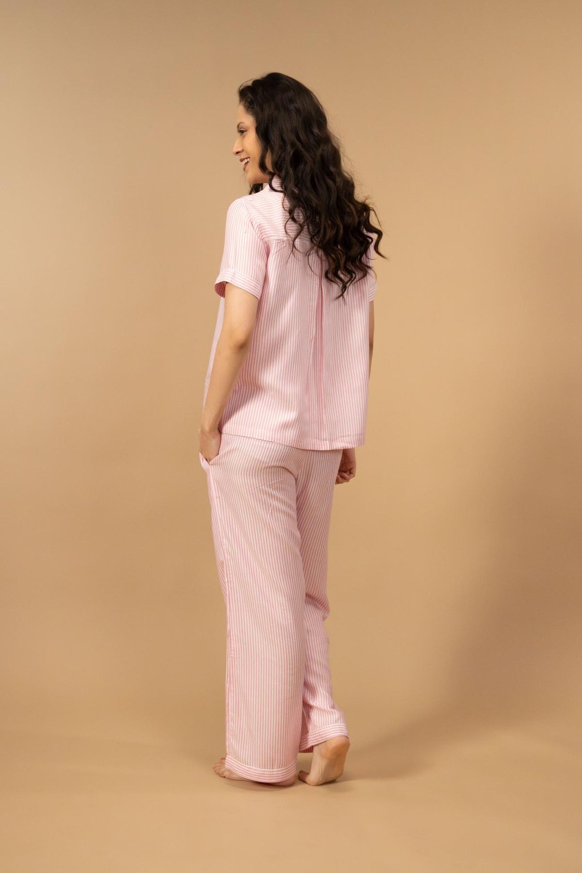 Pink and White Pinstripe Cotton Women's Pajama Set - Half Sleeves