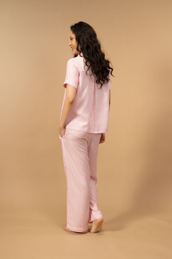 Pink and White Pinstripe Cotton Women's Pajama Set - Half Sleeves