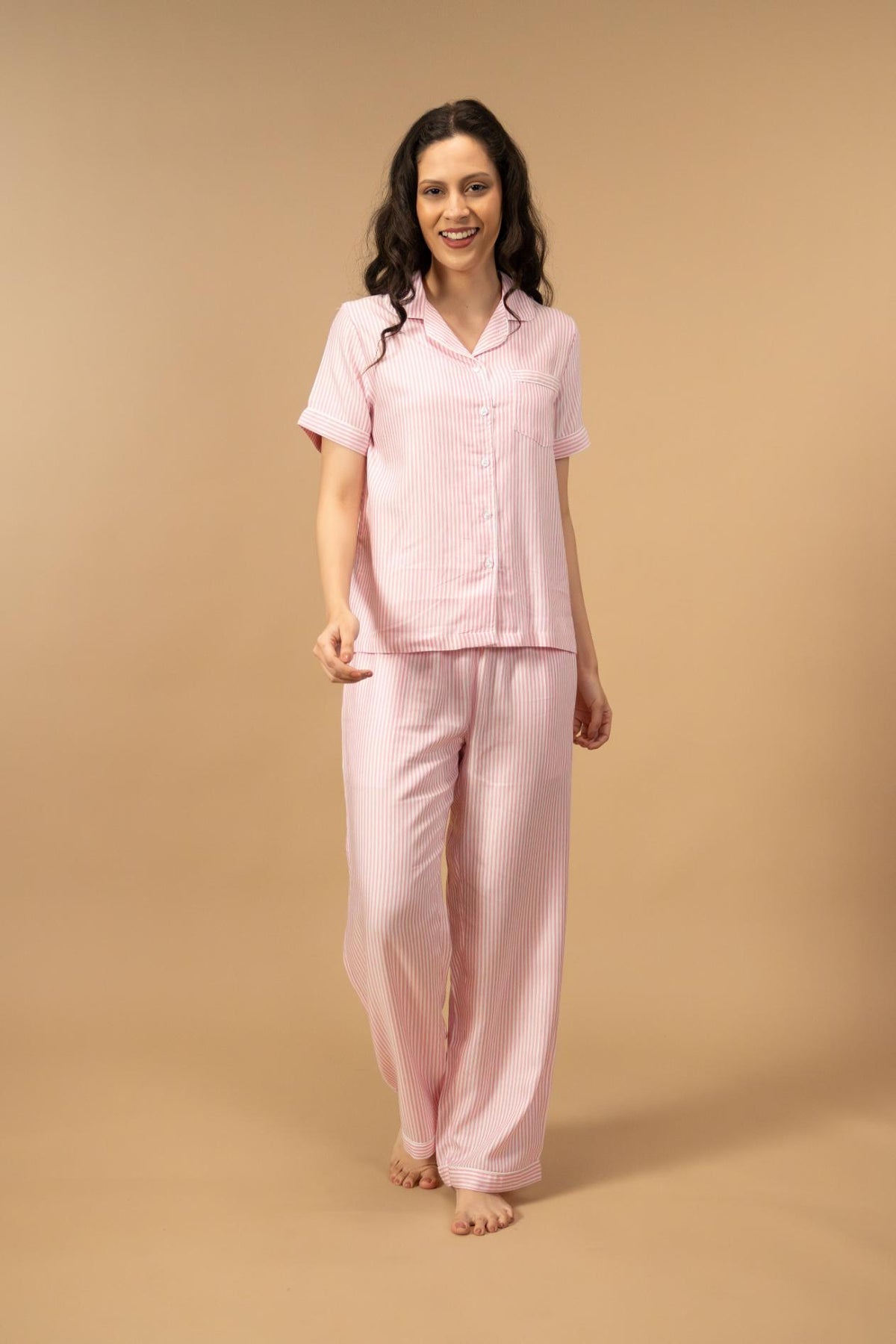 Pink and White Pinstripe Cotton Women's Pajama Set - Half Sleeves