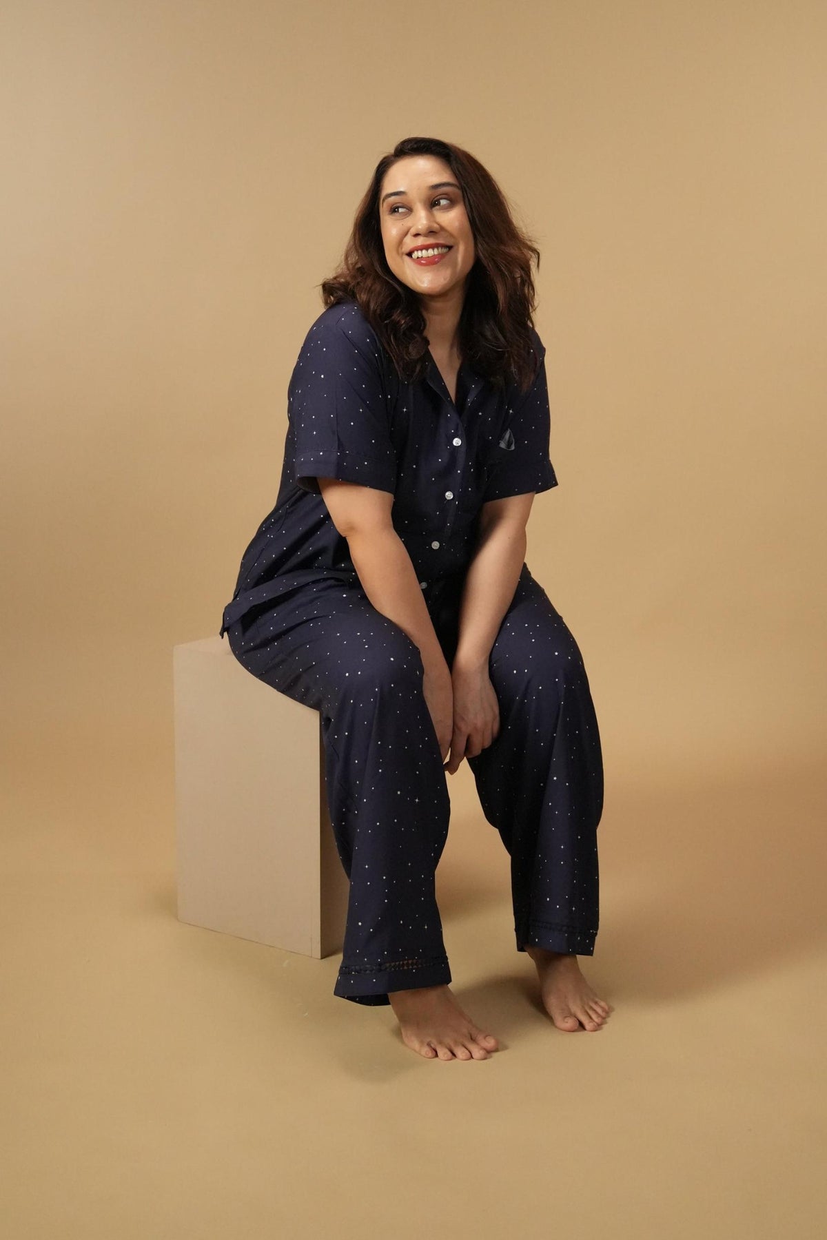Starlight Blue Printed Viscose Women's Curve Pajama Set - Half Sleeves