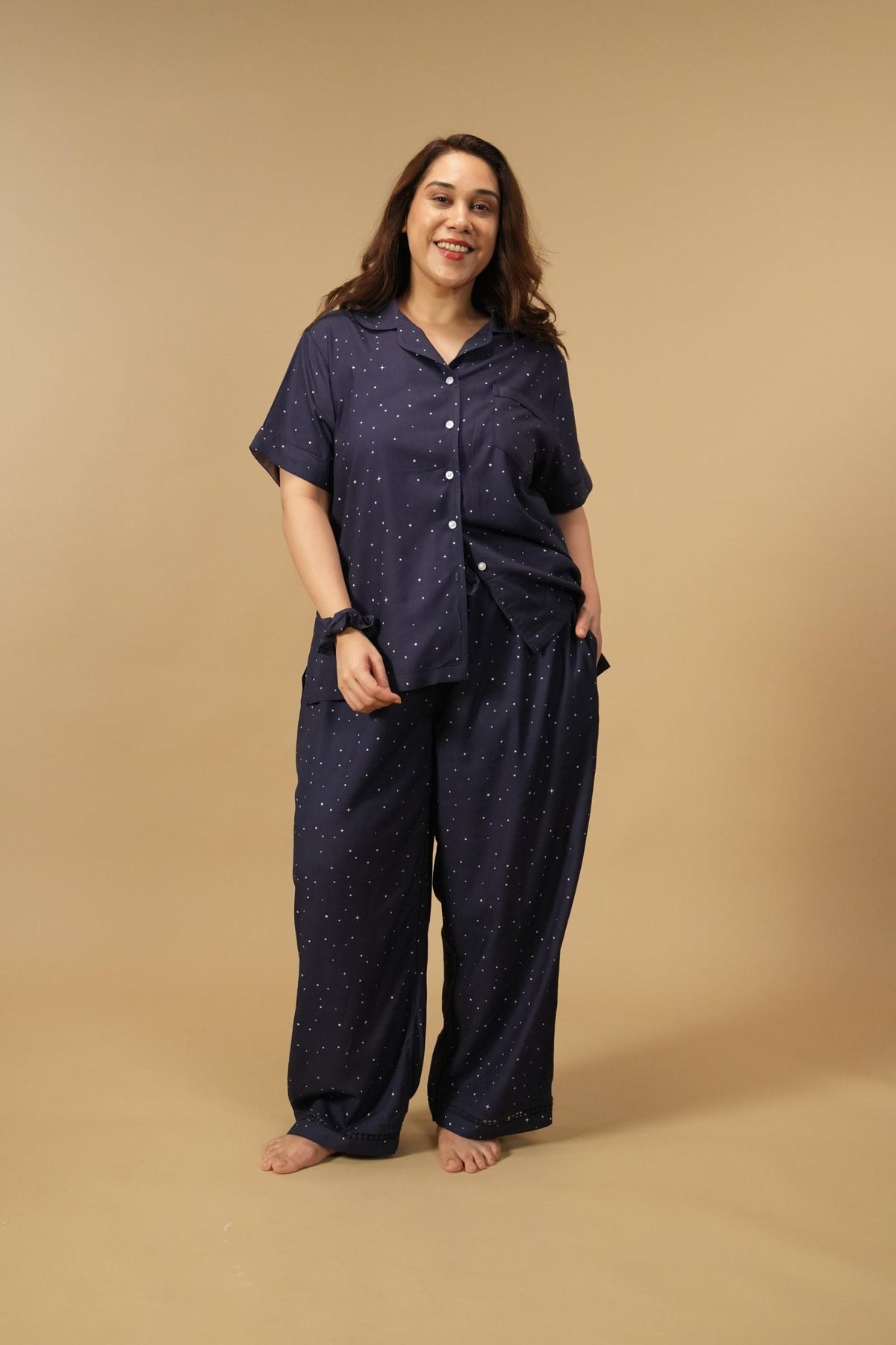 Starlight Blue Printed Viscose Women's Curve Pajama Set - Half Sleeves
