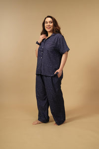 Starlight Blue Printed Viscose Women's Curve Pajama Set - Half Sleeves