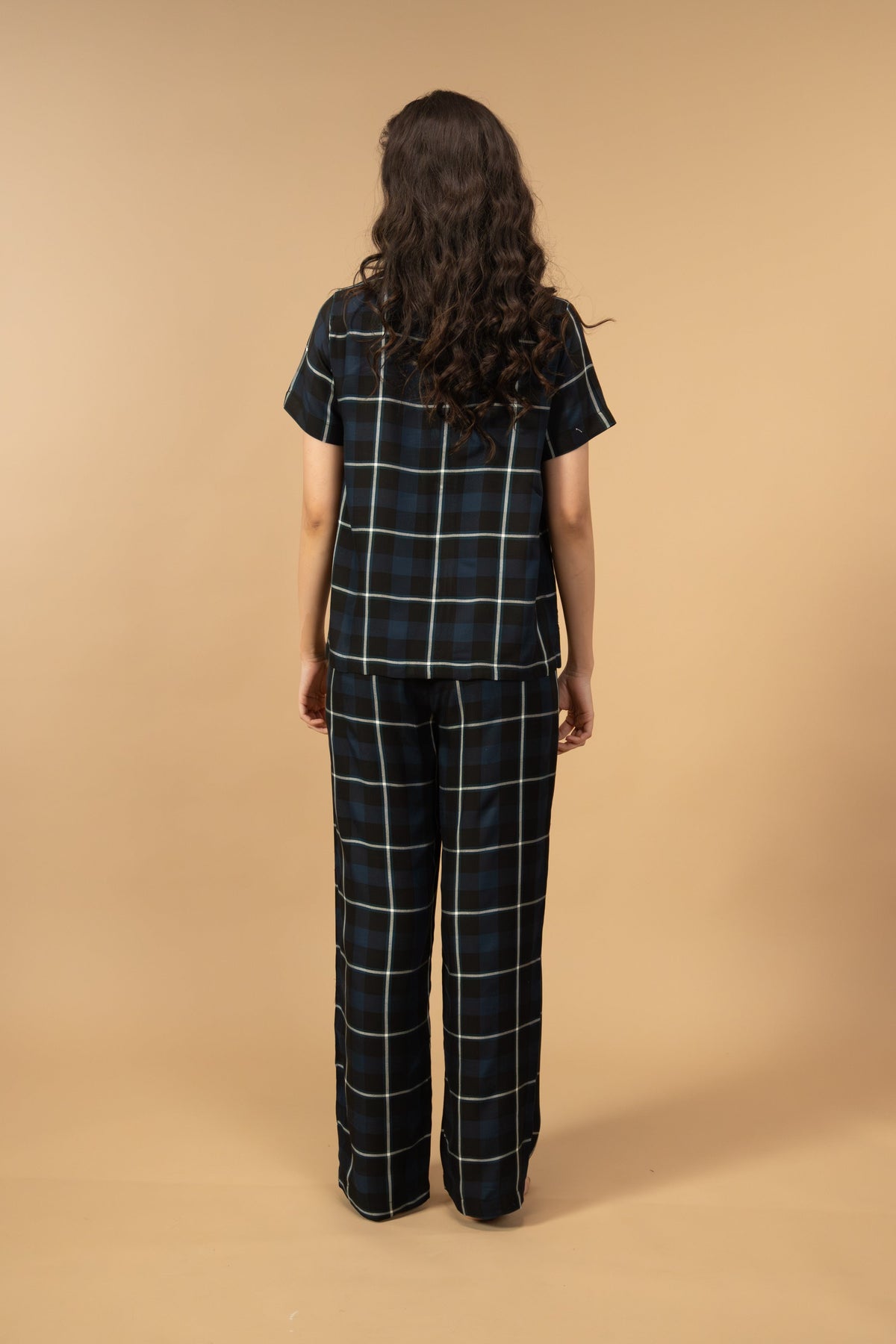 Black and Blue Check Cotton Women's Pajama Set - Half Sleeves