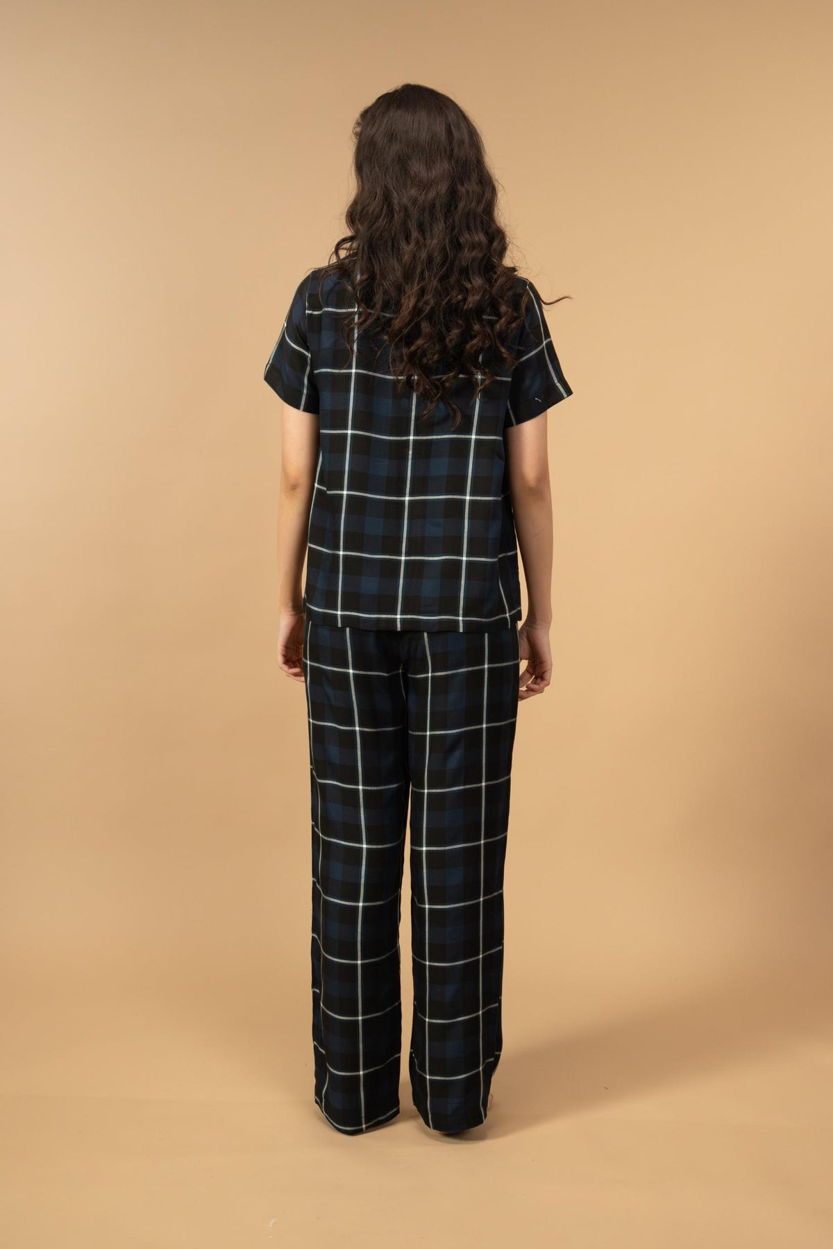 Black and Blue Check Cotton Women's Pajama Set - Half Sleeves