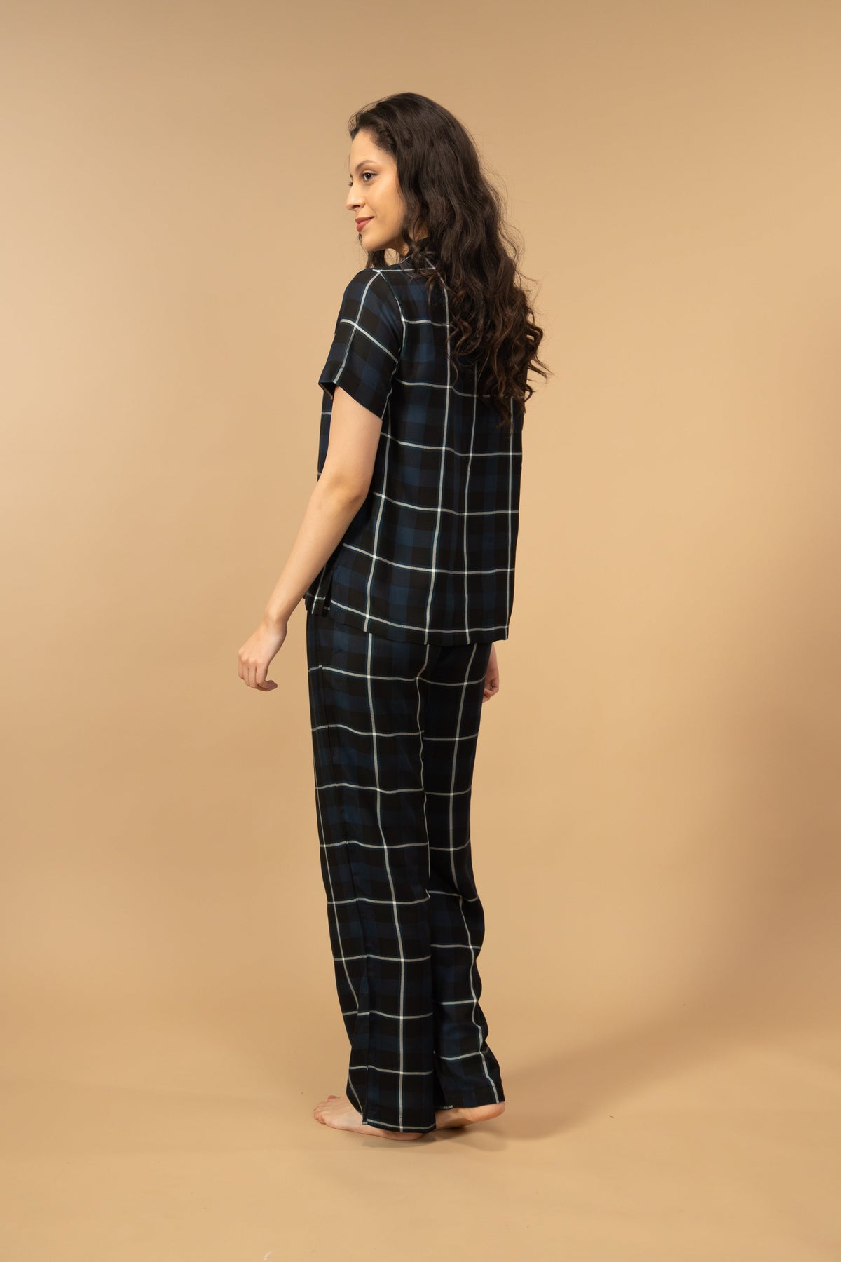Black and Blue Check Cotton Women's Pajama Set - Half Sleeves
