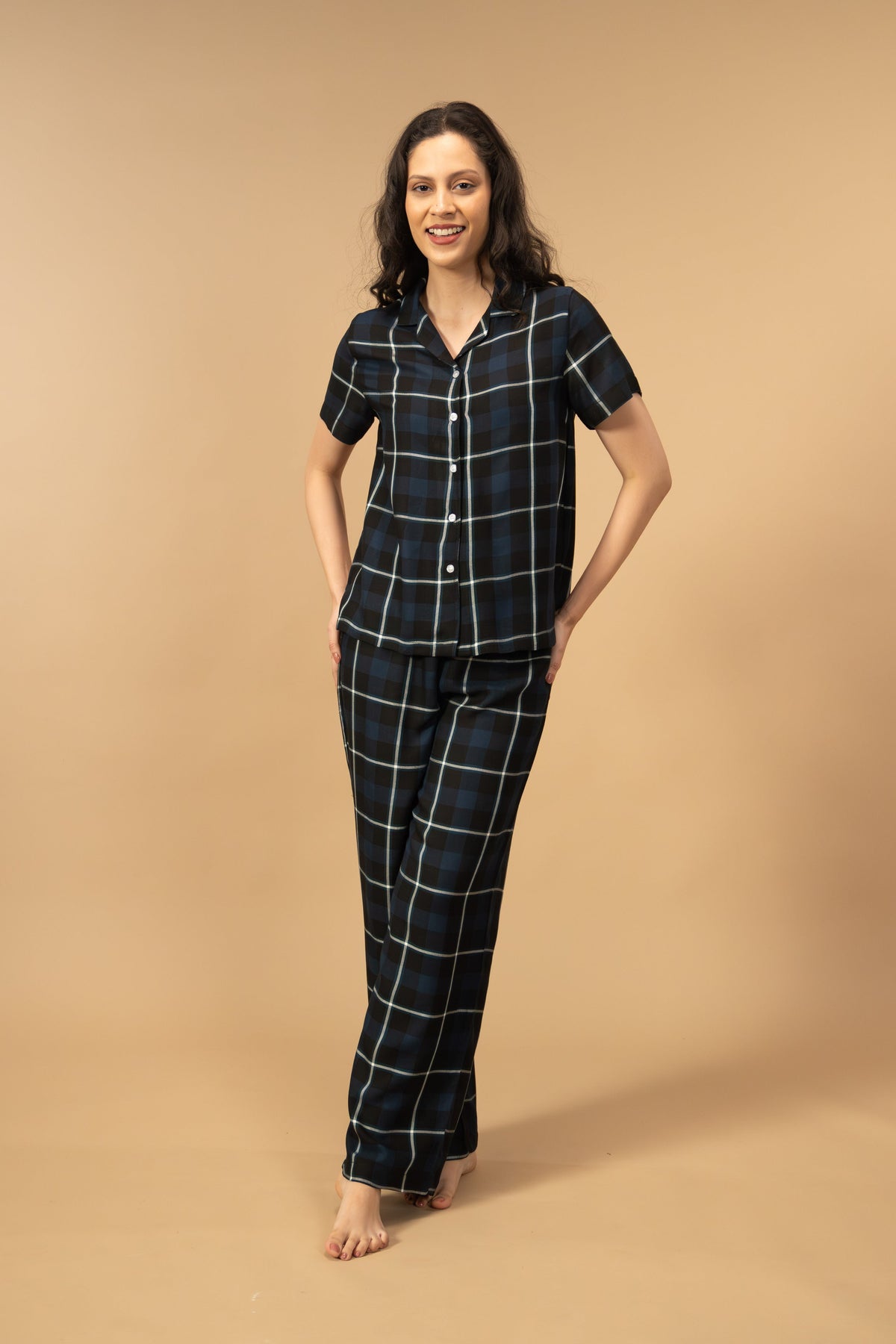 Black and Blue Check Cotton Women's Pajama Set - Half Sleeves