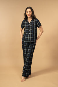 Black and Blue Check Cotton Women's Pajama Set - Half Sleeves