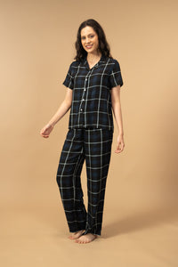 Black and Blue Check Cotton Women's Pajama Set - Half Sleeves