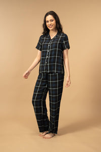 Black and Blue Check Cotton Women's Pajama Set - Half Sleeves