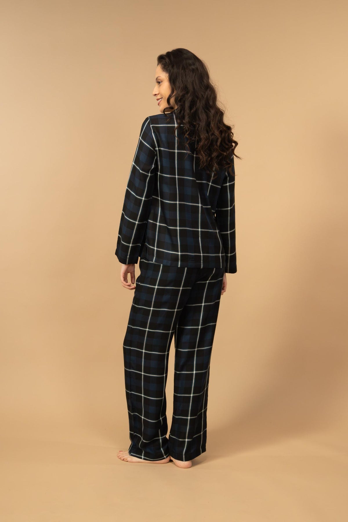 Black and Blue Check Cotton Women's Pajama Set - Full Sleeves