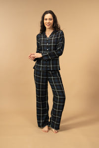 Black and Blue Check Cotton Women's Pajama Set - Full Sleeves