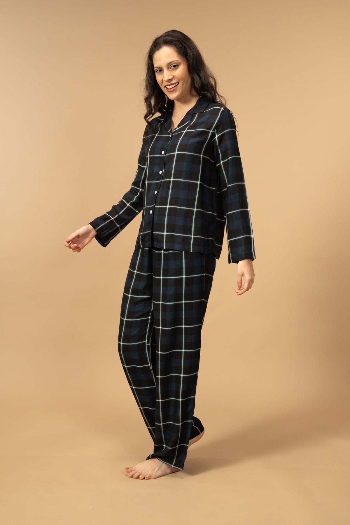 Black and Blue Check Cotton Women's Pajama Set - Full Sleeves