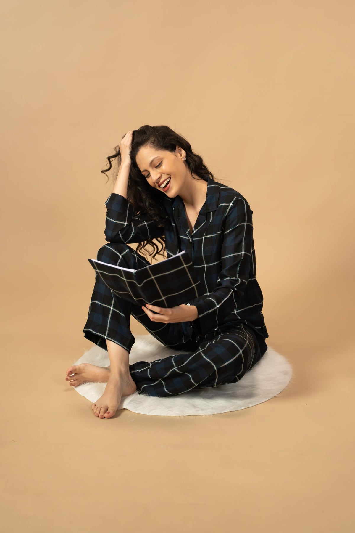 Black and Blue Check Cotton Women's Pajama Set - Full Sleeves