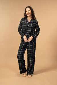 Black and Blue Check Cotton Women's Pajama Set - Full Sleeves