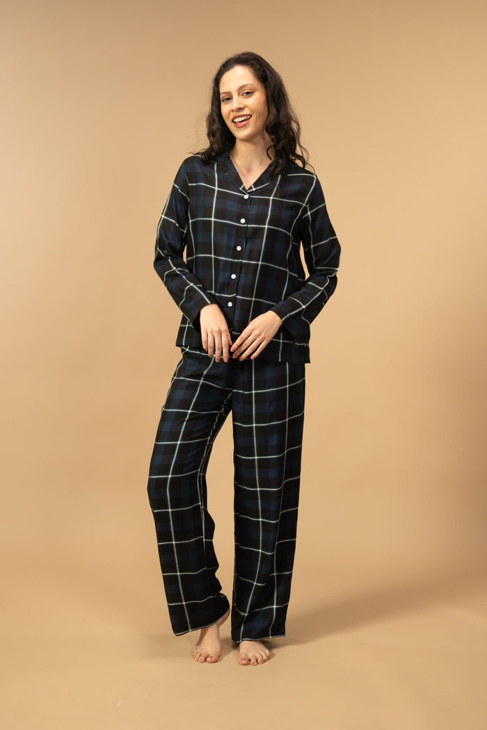 Black and Blue Check Cotton Women's Pajama Set - Full Sleeves