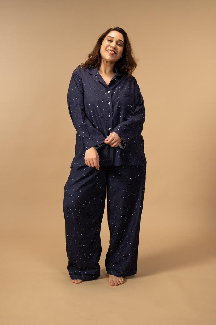 Starlight Blue Printed Viscose Women's Curve Pajama Set - Full Sleeves