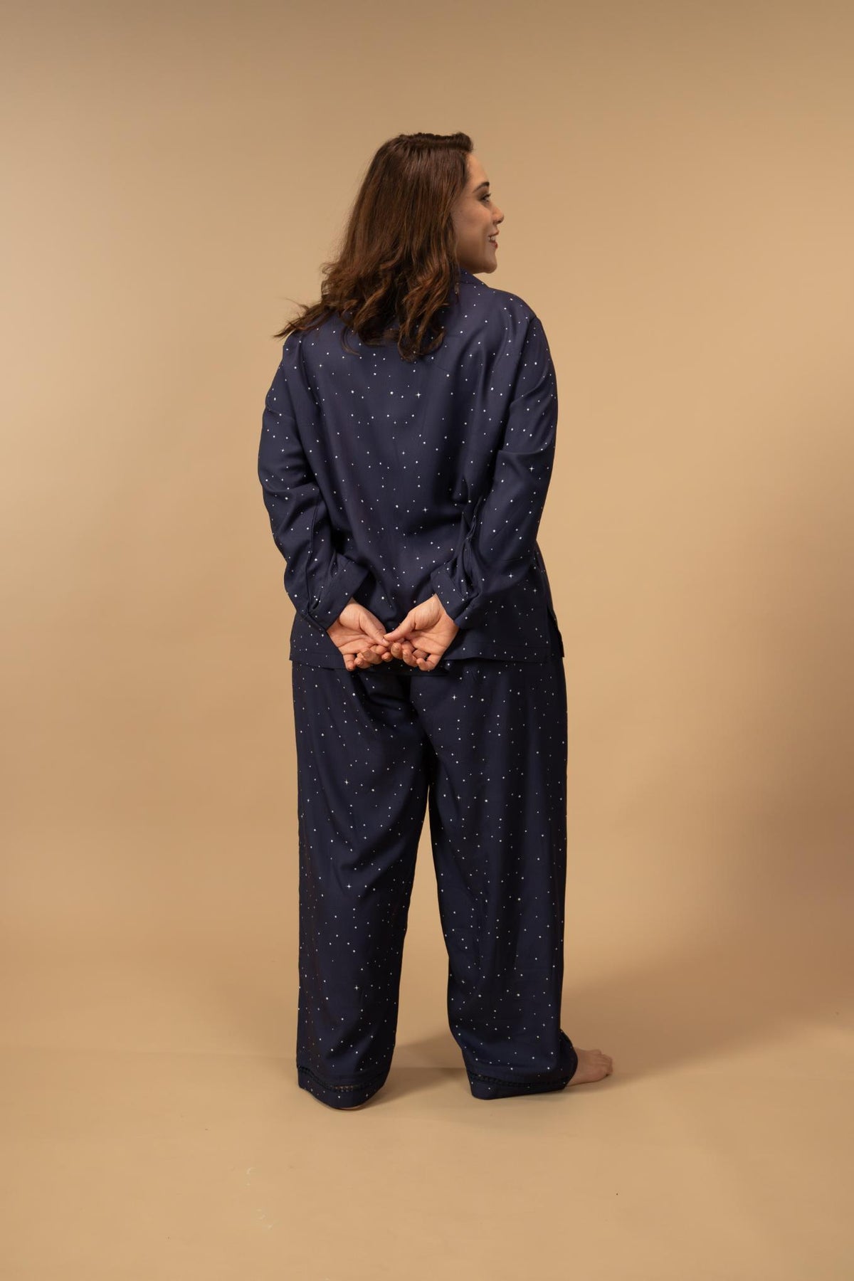 Starlight Blue Printed Viscose Women's Curve Pajama Set - Full Sleeves