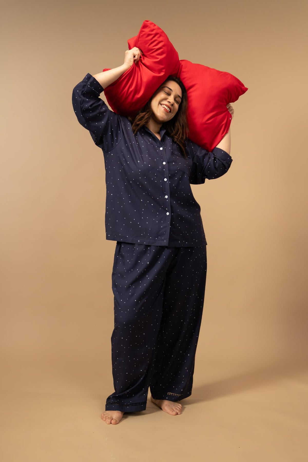 Starlight Blue Printed Viscose Women's Curve Pajama Set - Full Sleeves