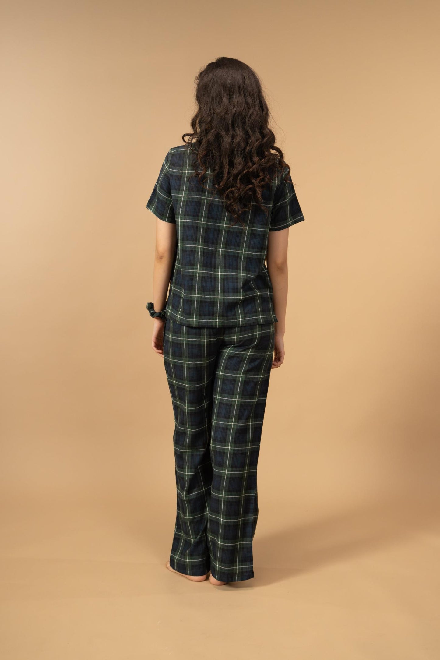 Forest Green Check Cotton Blend Women's Pajama Set- Half Sleeves