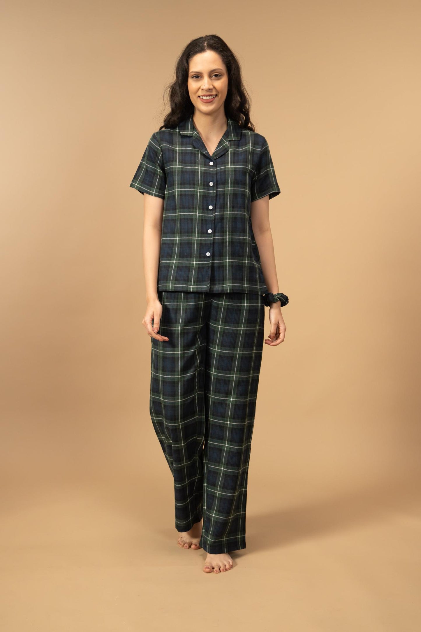Forest Green Check Cotton Blend Women's Pajama Set- Half Sleeves