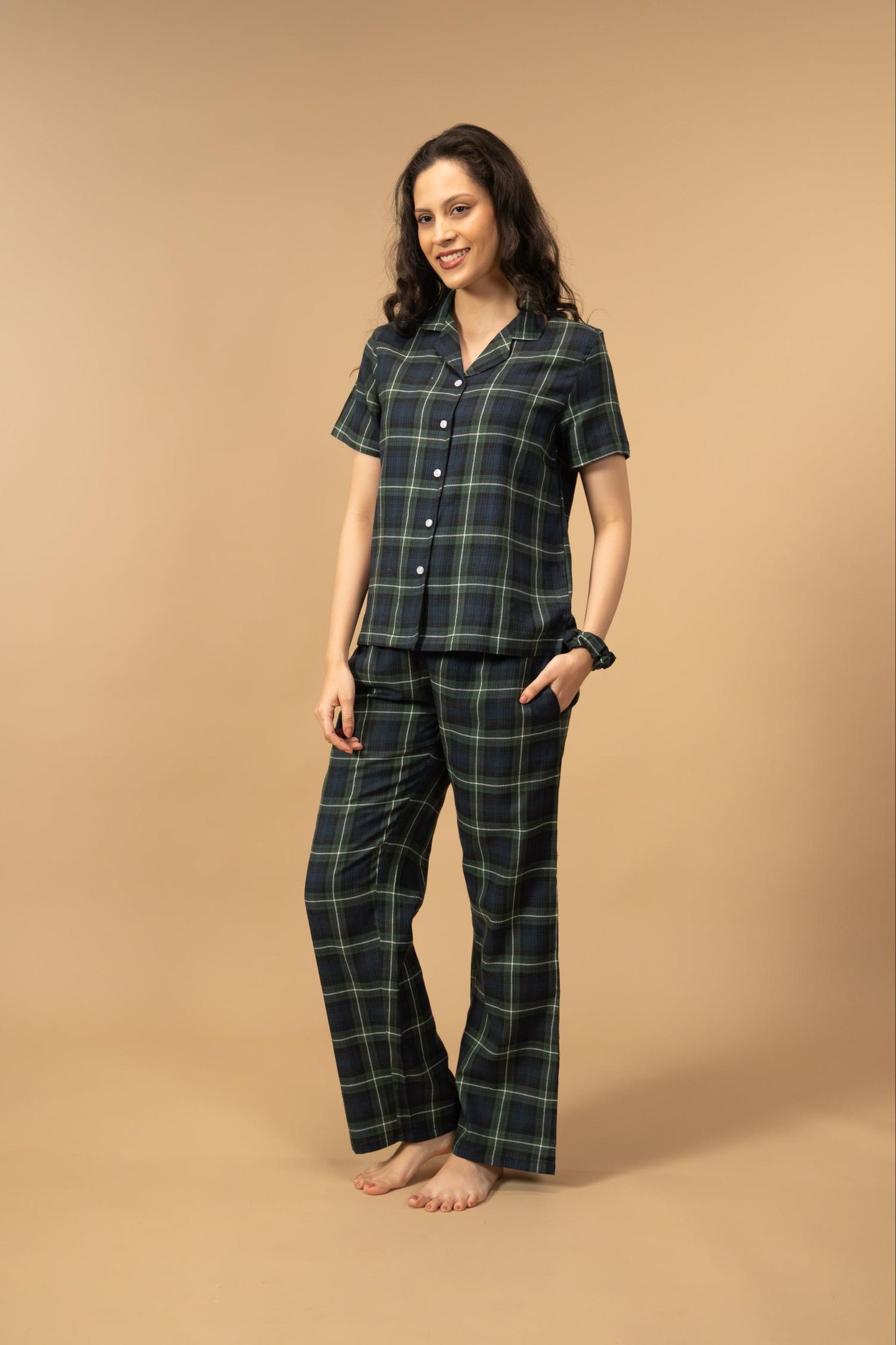 Forest Green Check Cotton Blend Women's Pajama Set- Half Sleeves
