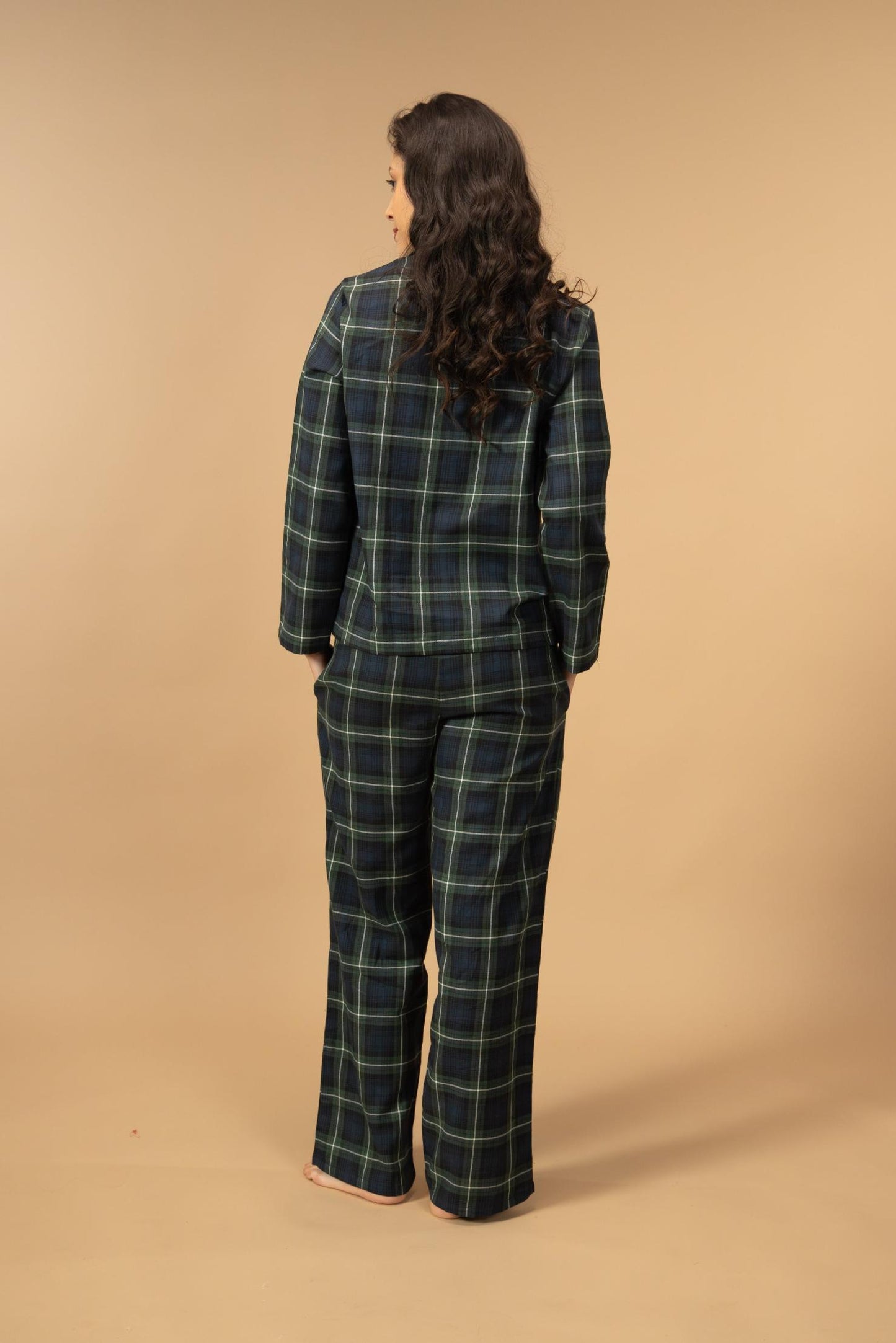 Forest Green Check Cotton Women's Pajama Set- Full Sleeves