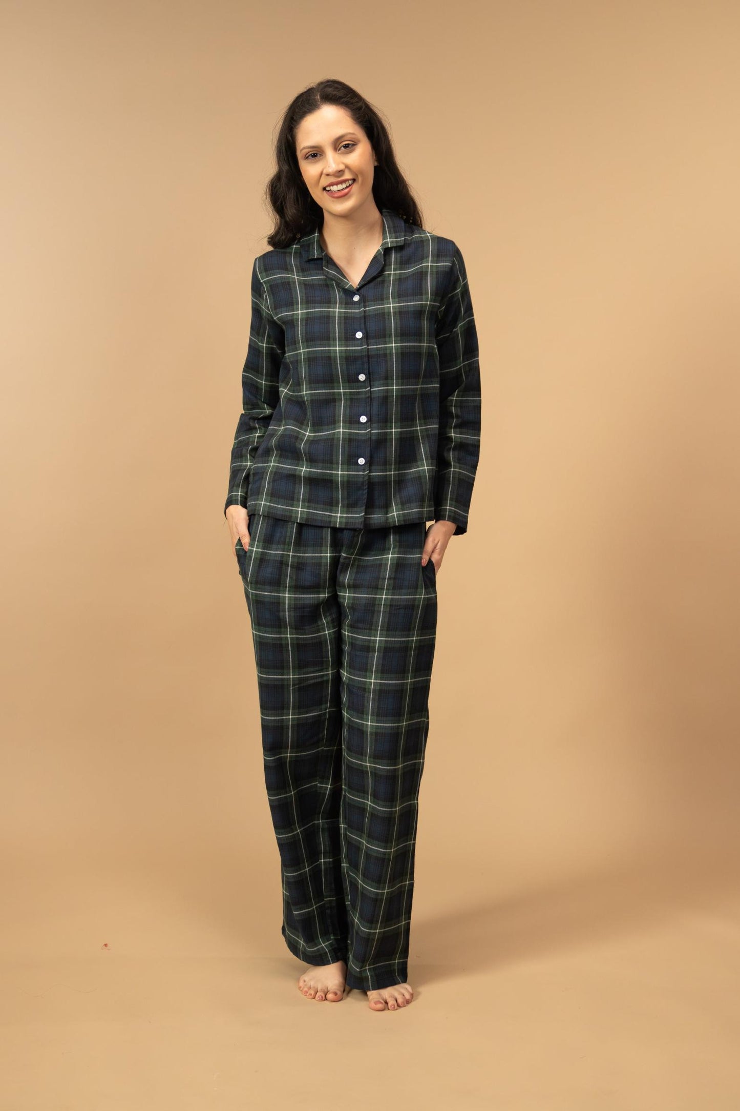 Forest Green Check Cotton Women's Pajama Set- Full Sleeves