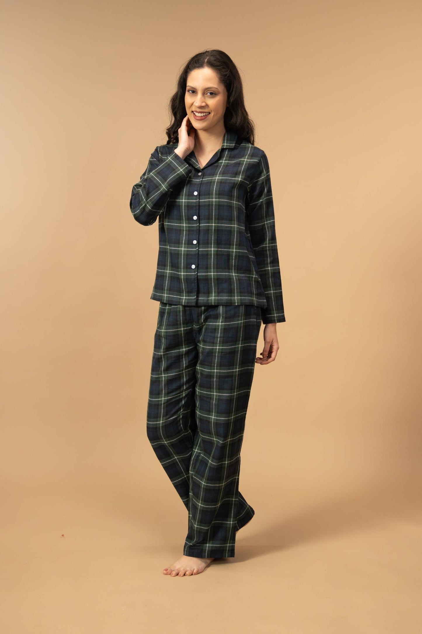 Forest Green Check Cotton Women's Pajama Set- Full Sleeves