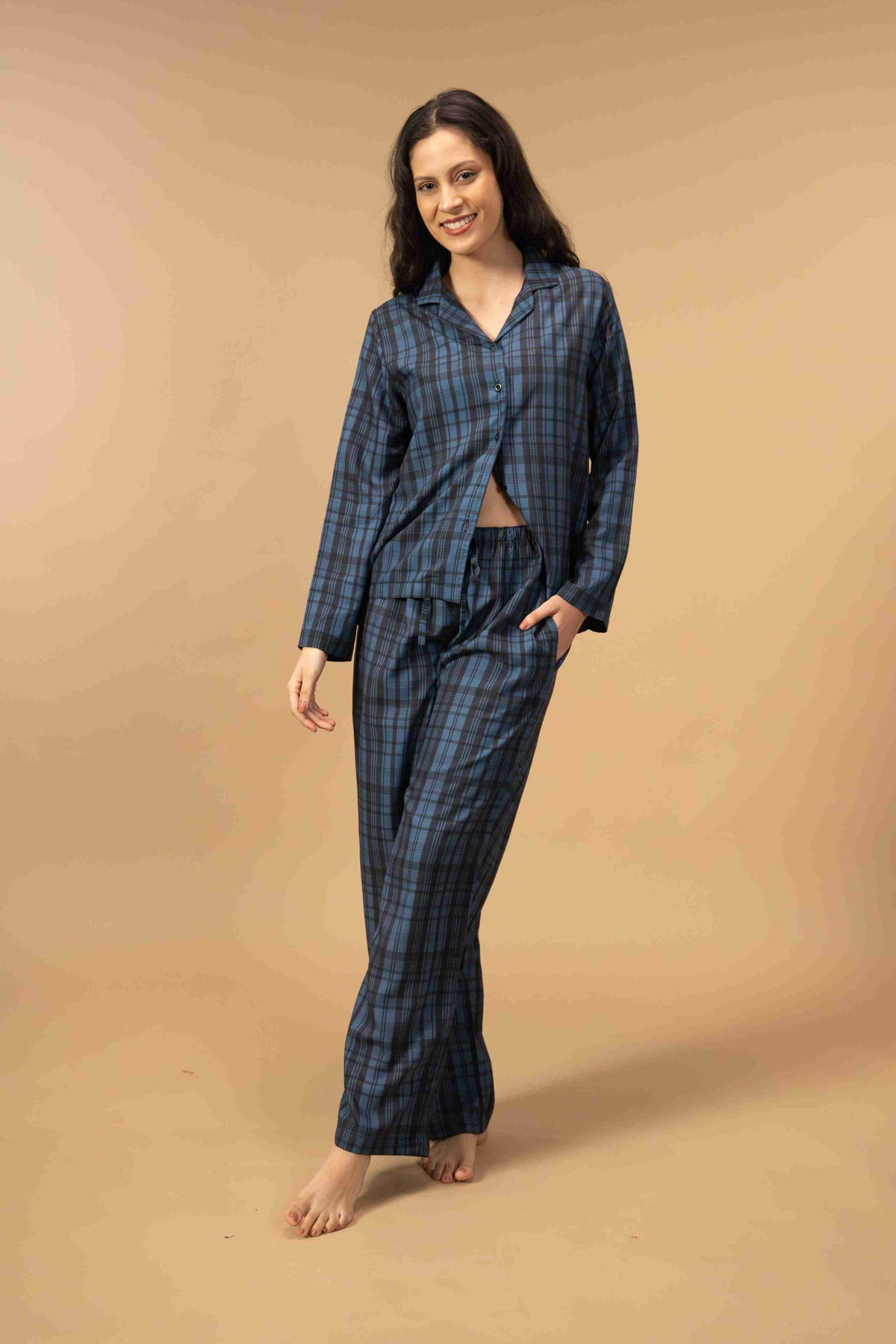 Twilight Check Viscose Women's Pajama Set - Full Sleeves