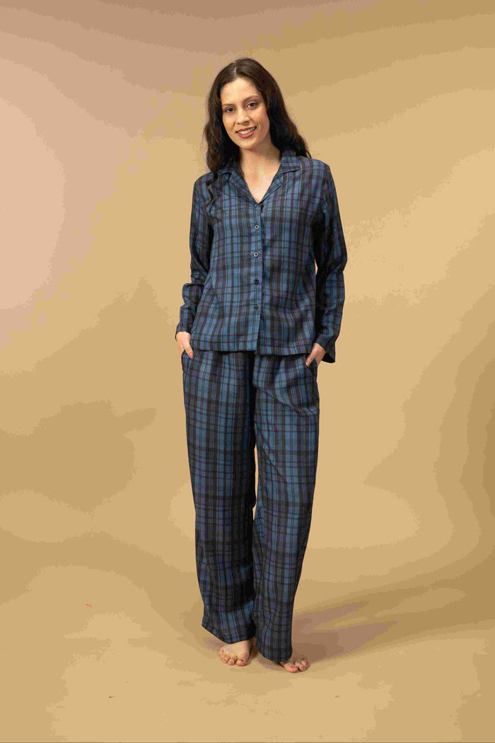 Twilight Check Viscose Women's Pajama Set - Full Sleeves
