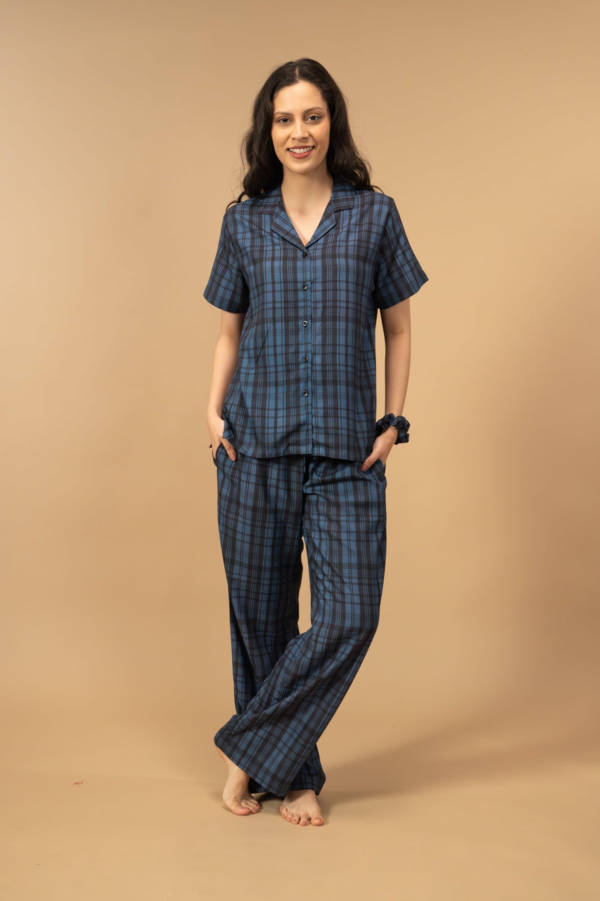 Twilight Check Viscose Women's Pajama Set - Half Sleeves