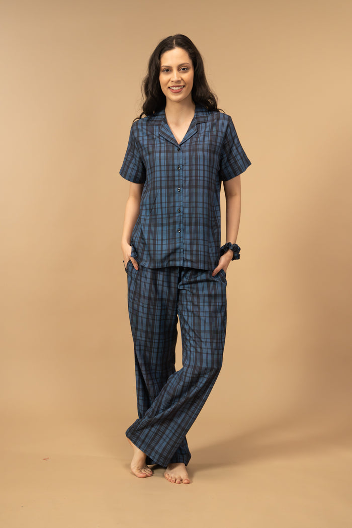 Twilight Check Viscose Women's Pajama Set - Half Sleeves