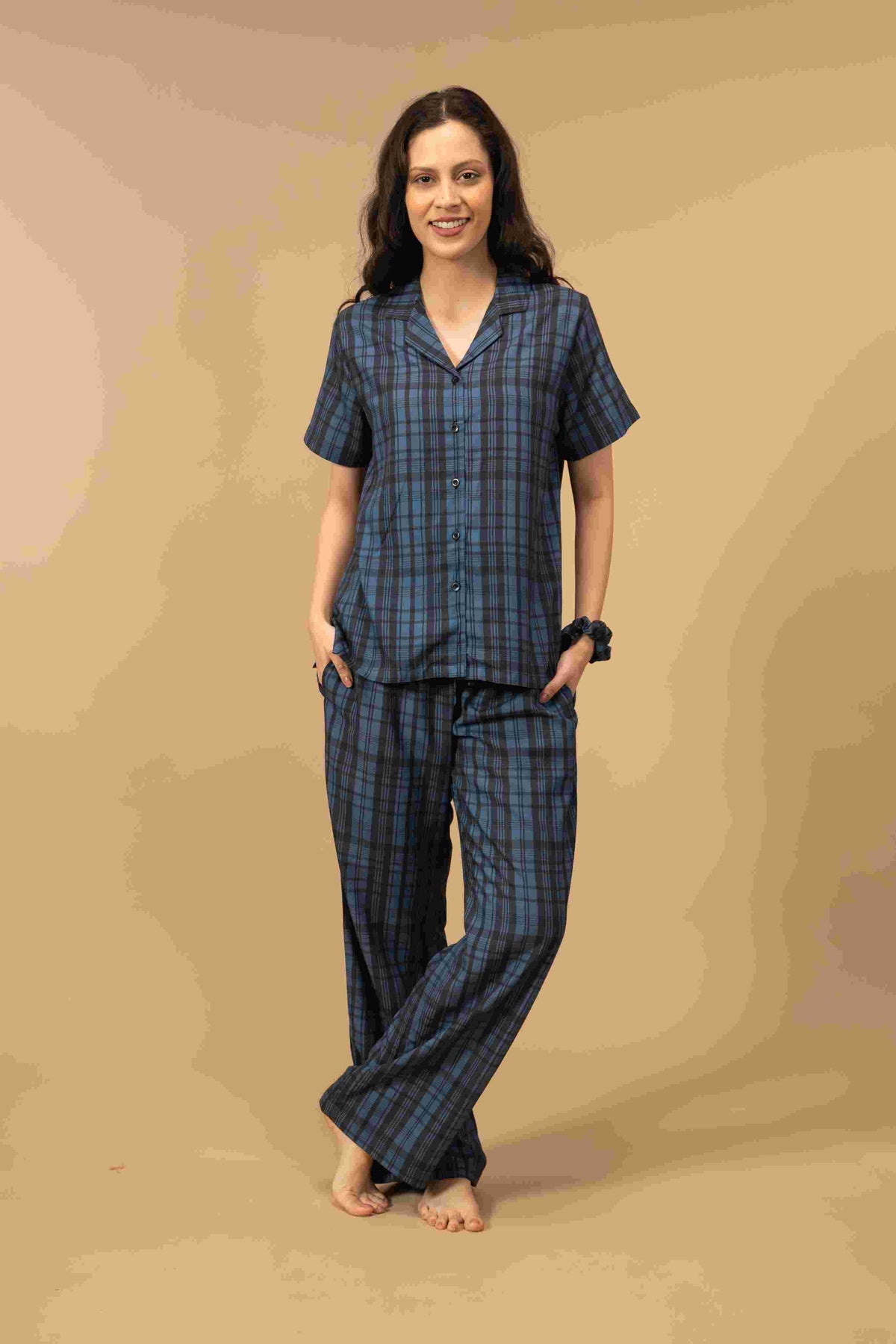 Twilight Check Viscose Women's Pajama Set - Half Sleeves