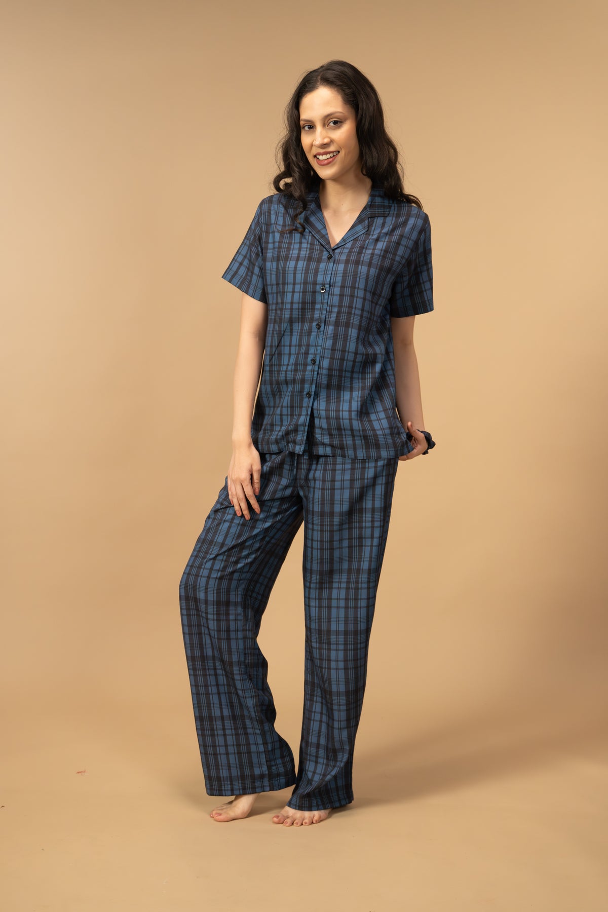 Twilight Check Viscose Women's Pajama Set - Half Sleeves