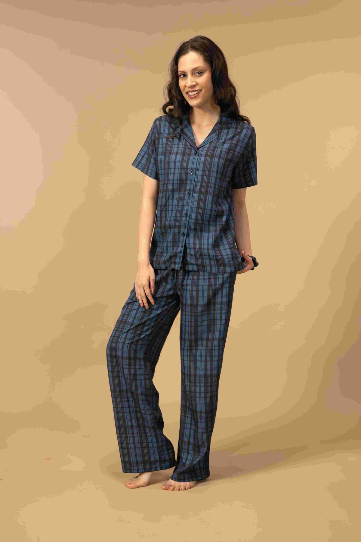 Twilight Check Viscose Women's Pajama Set - Half Sleeves