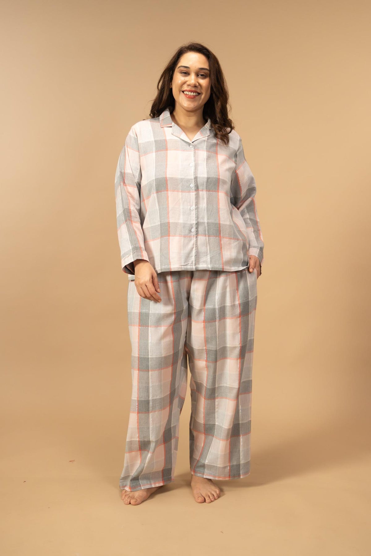 Winter Dusk Lurex Check Cotton Women's Curve Pajama Set - Full Sleeves