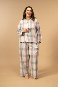 Winter Dusk Lurex Check Cotton Women's Curve Pajama Set - Full Sleeves